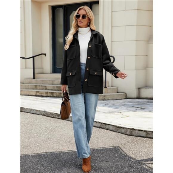Womens Winter Elegant Pea Coat Mid Long Black
